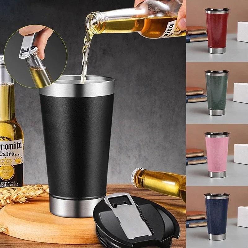 Copo Térmico Com Tampa E Abridor Inox Para Cerveja Quente e Gelado - Trhee Minds