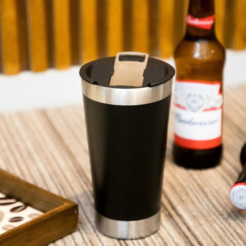 Copo Térmico Com Tampa E Abridor Inox Para Cerveja Quente e Gelado - Trhee Minds