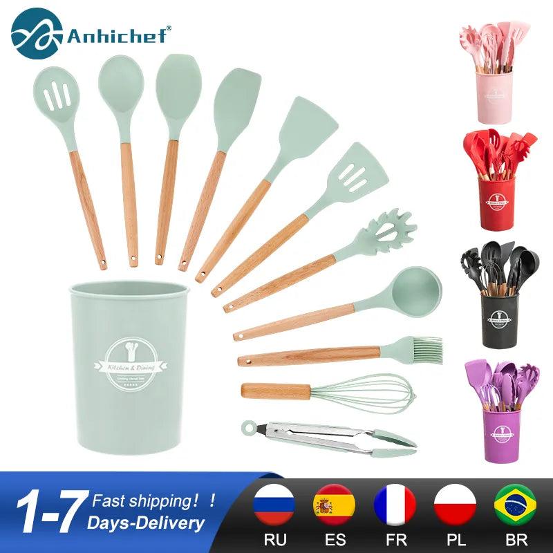 Silicone Kitchen Utensils Set Non-Stick Cookware for Kitchen Wooden Handle Spatula Egg Beaters Kitchenware Kitchen Accessories - Trhee Minds