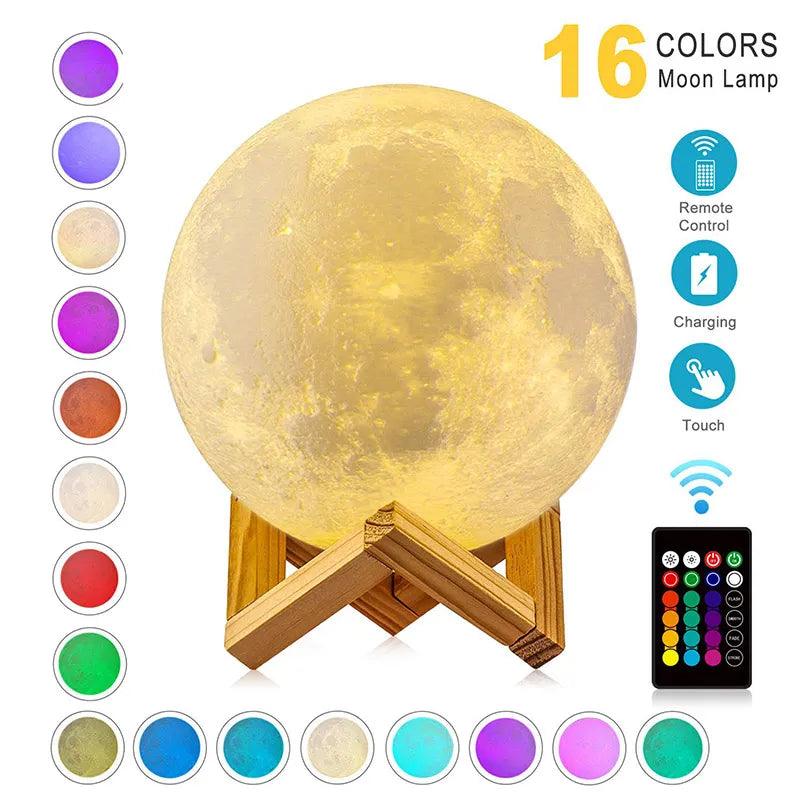 Led night light 3d impressão lua lâmpada recarregável cor transformar 3d luz toque lua lâmpada luzes das crianças noite lâmpada para casa - Trhee Minds