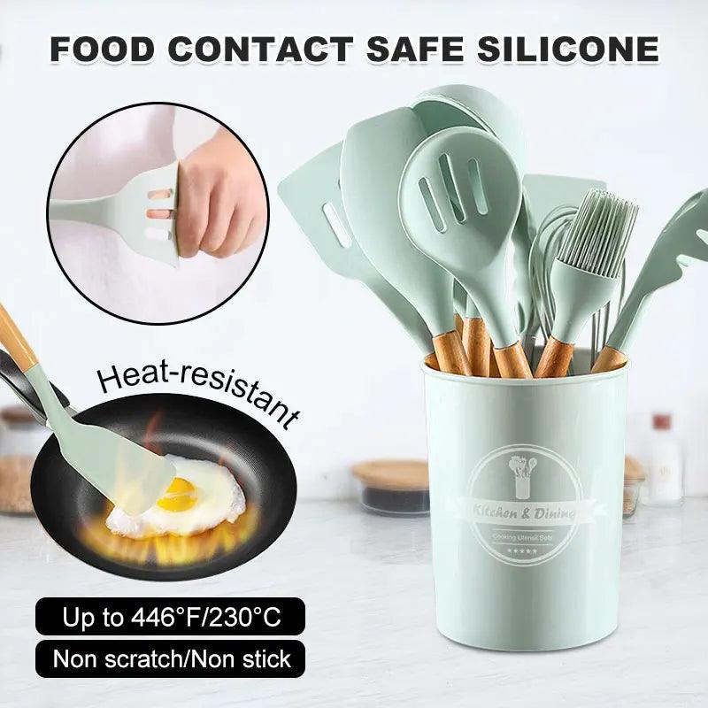 Silicone Kitchen Utensils Set Non-Stick Cookware for Kitchen Wooden Handle Spatula Egg Beaters Kitchenware Kitchen Accessories - Trhee Minds