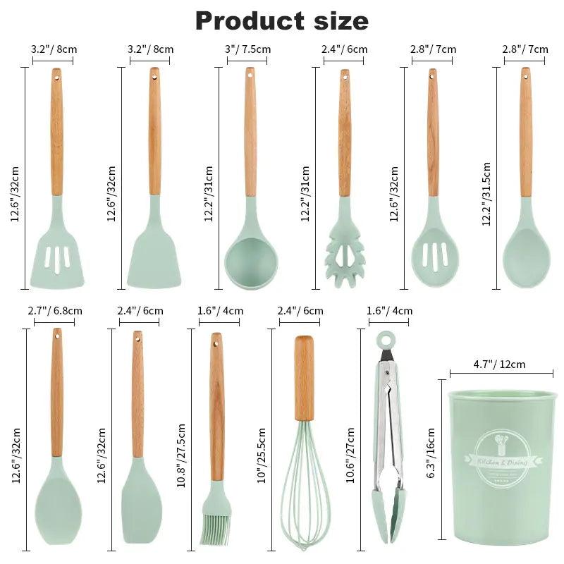 Silicone Kitchen Utensils Set Non-Stick Cookware for Kitchen Wooden Handle Spatula Egg Beaters Kitchenware Kitchen Accessories - Trhee Minds